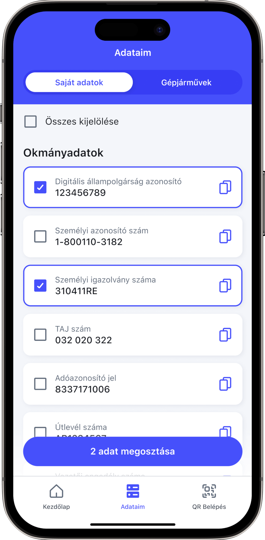 A Digitális Állampolgár mobilalkalmazás Adataim menüje, amin egy felhasználó személyes adatai láthatók.